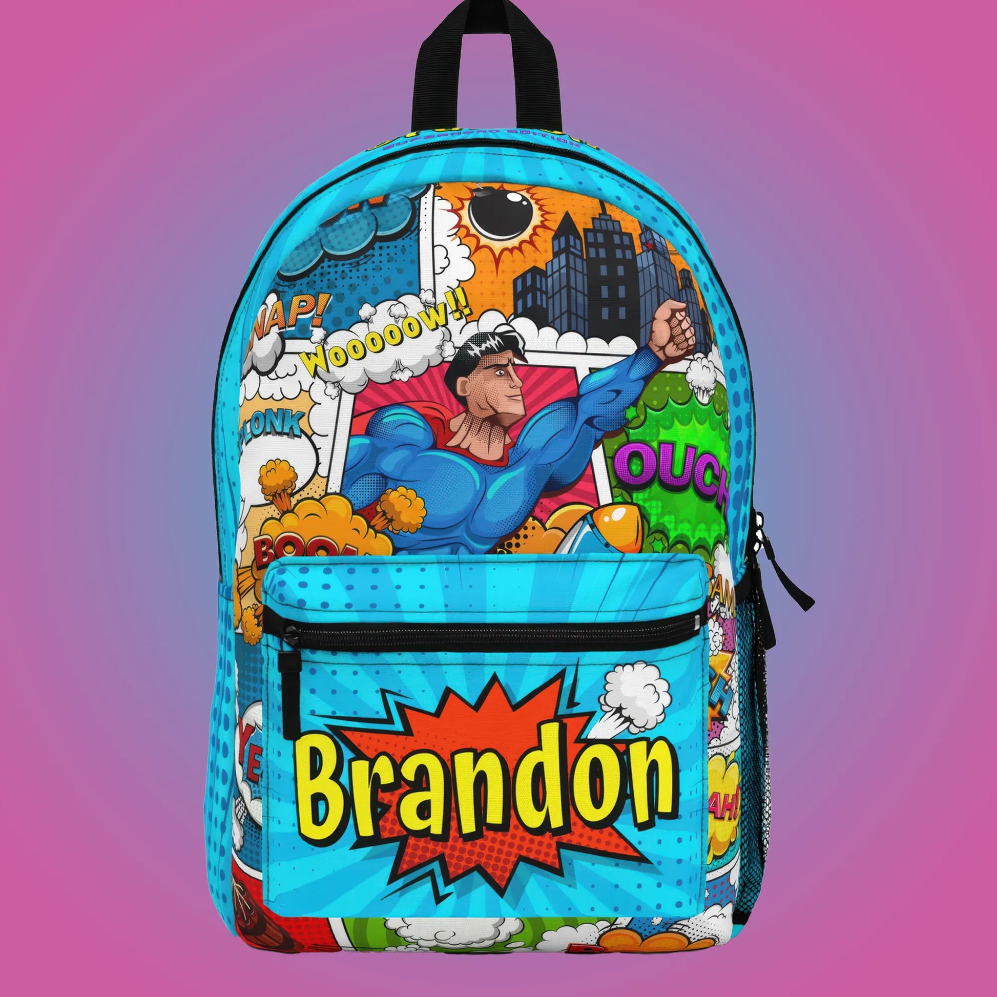 Colorful backpack with superhero design and personalized text