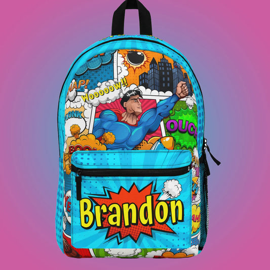 Colorful backpack with superhero design and personalized text