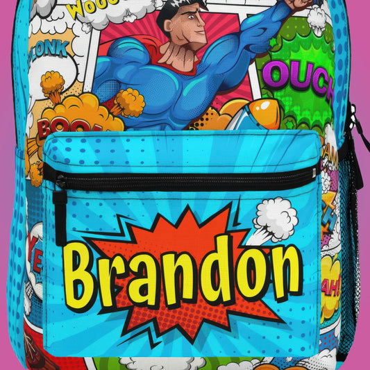 Colorful backpack with superhero design and personalized text