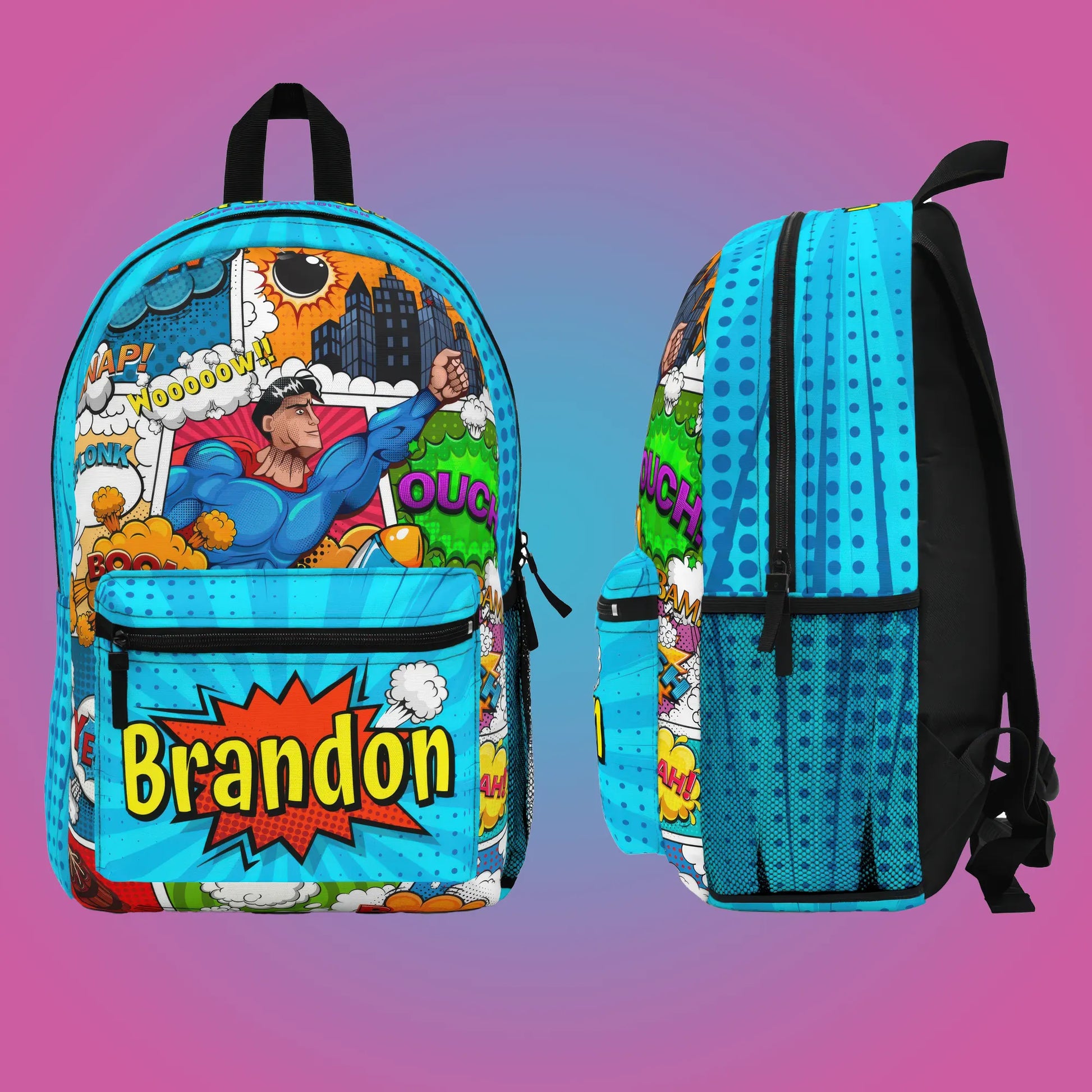 Colorful backpack with superhero design and personalized text