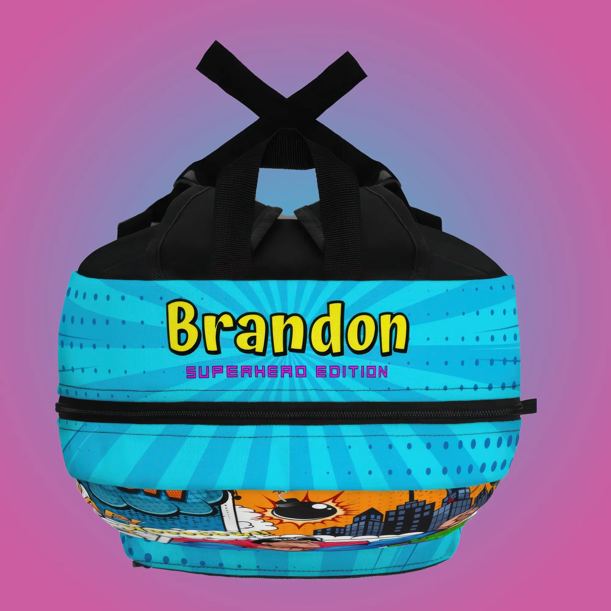 Colorful backpack with superhero design and personalized text