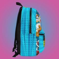 Colorful backpack with superhero design and personalized text