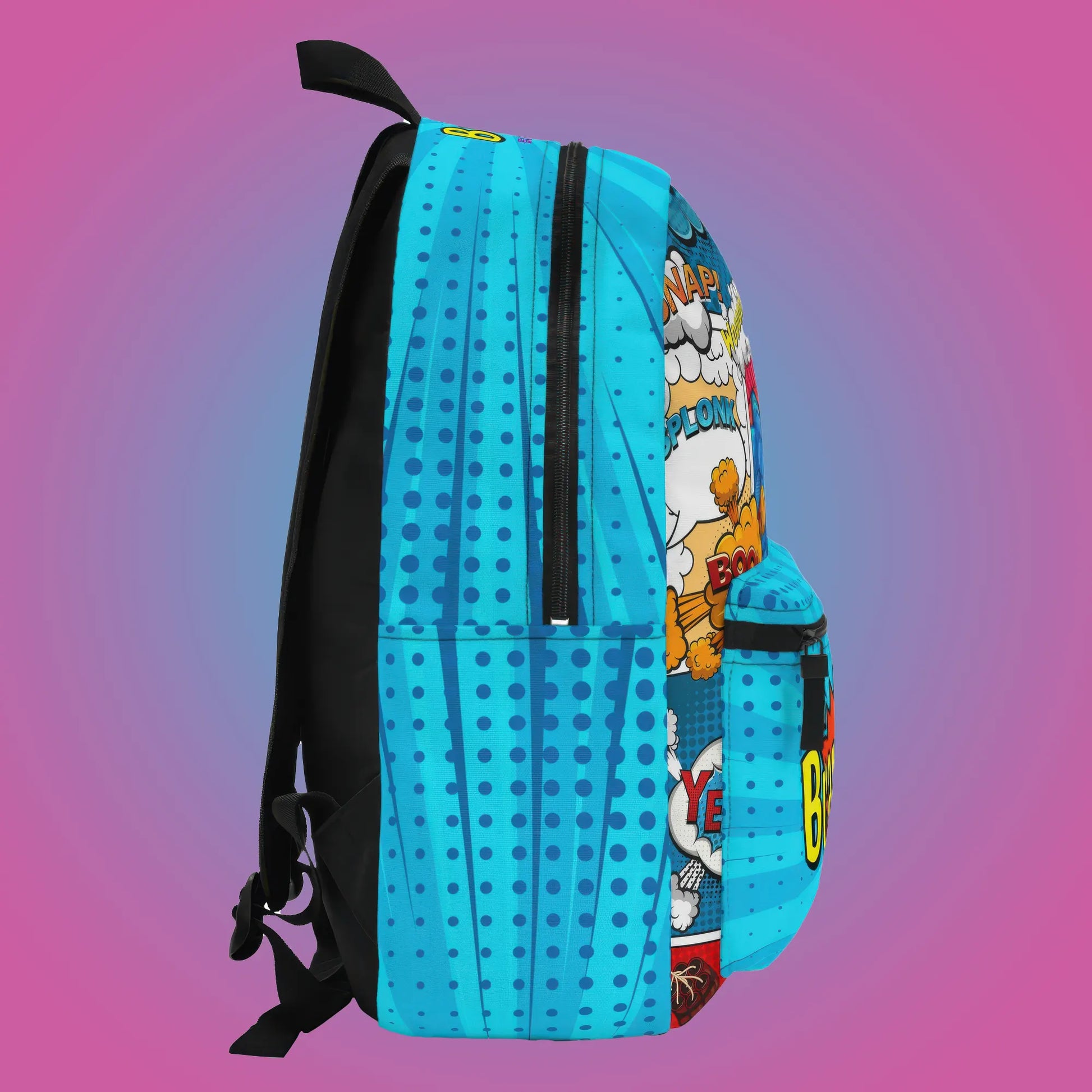 Colorful backpack with superhero design and personalized text