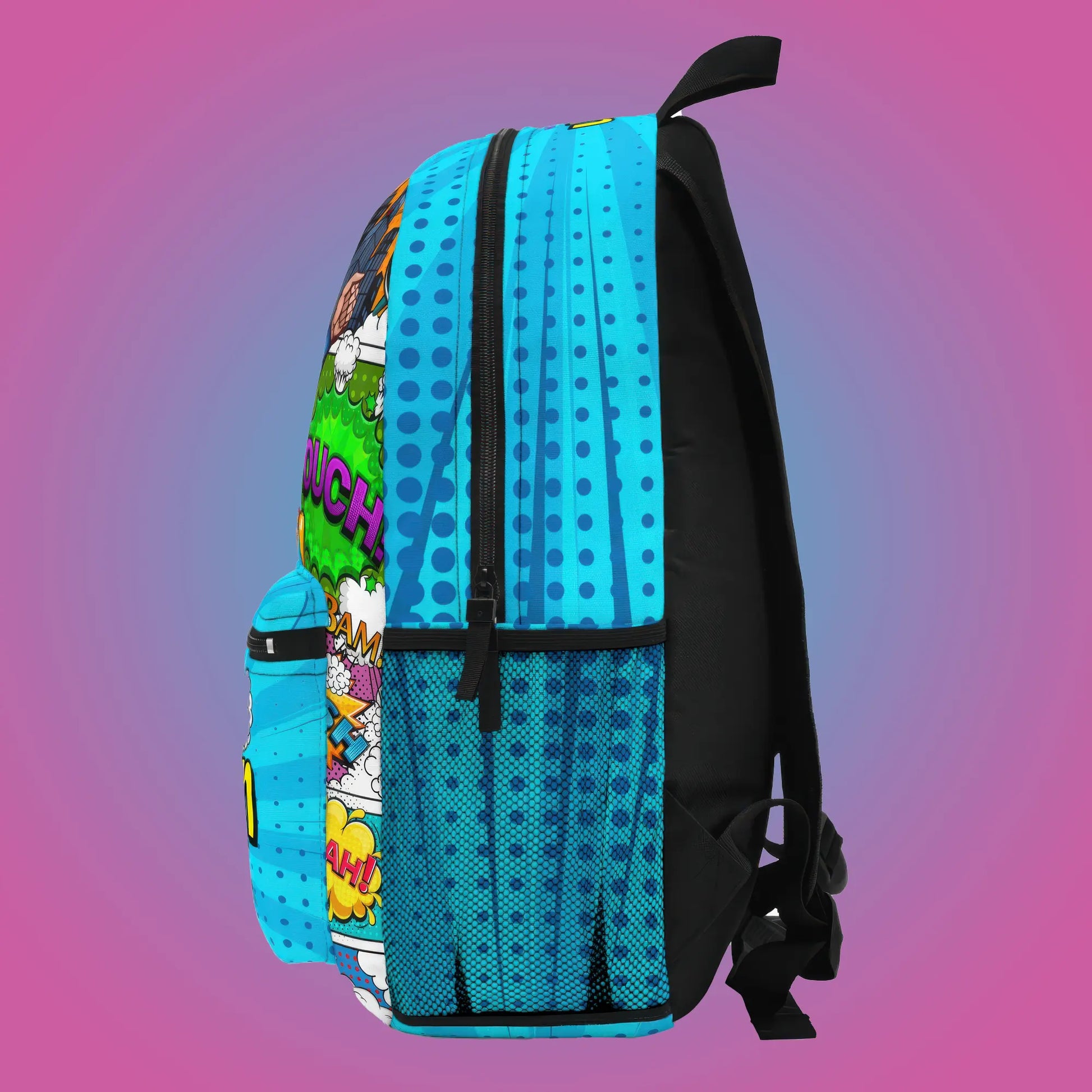 Colorful backpack with superhero design and personalized text