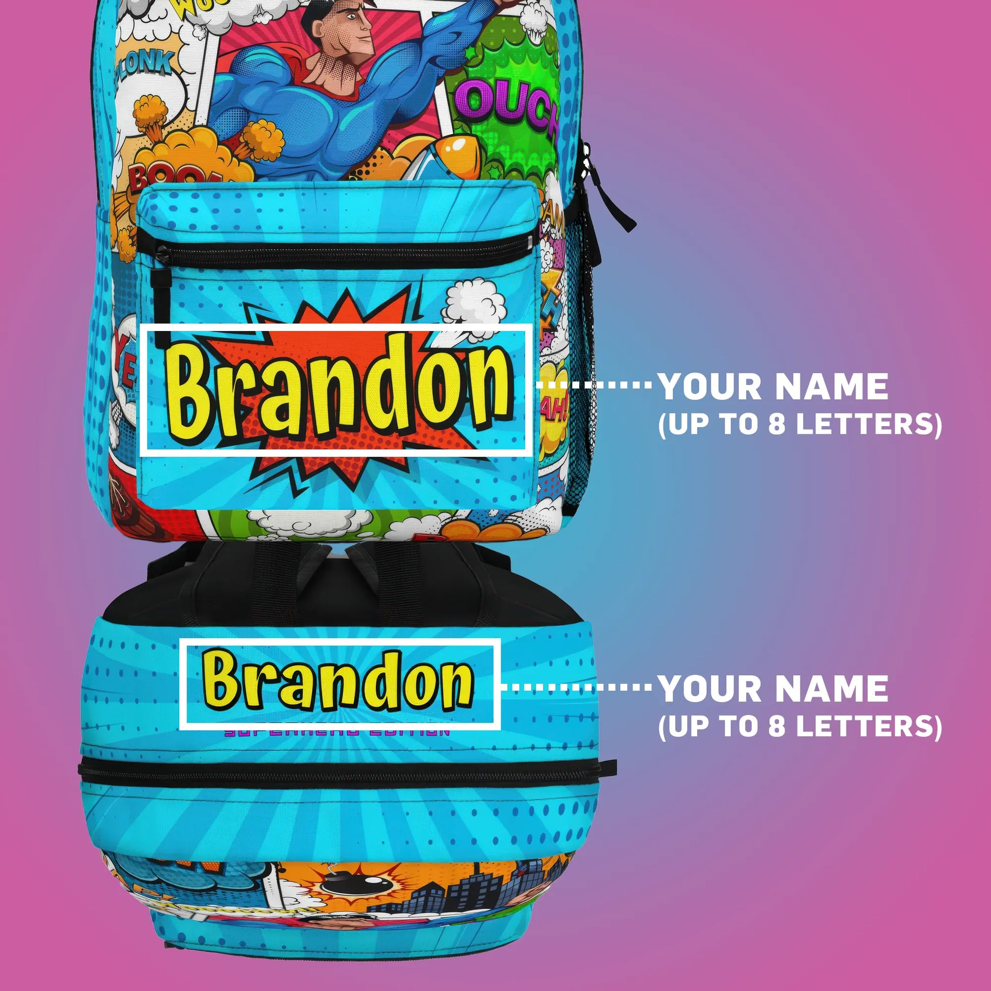 Colorful backpack with superhero design and personalized text