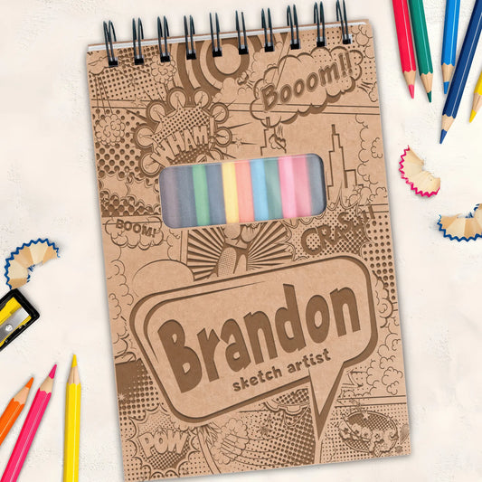 Personalized Sketch Pad with Coloring Pencils, Cartoon Comic Design