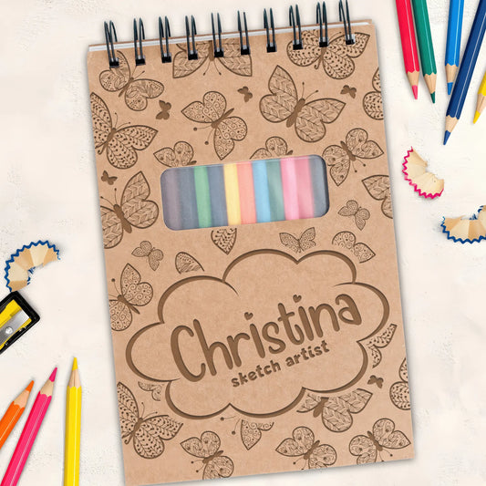 Personalized Sketch Pad with Coloring Pencils, Butterfly Design