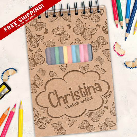 Personalized Sketch Pad with Coloring Pencils, Butterfly Design